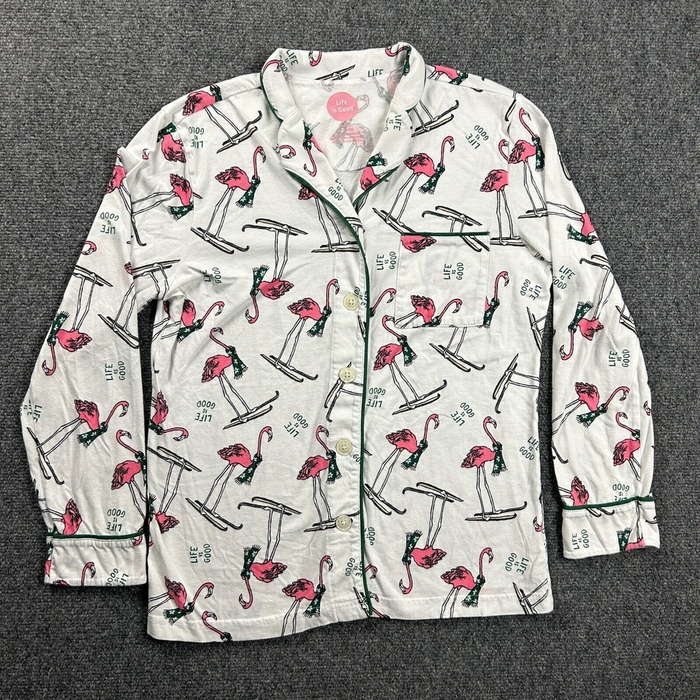 Life is Good Sleep Shirt Womens Small Button Up Flamingos 100% Cotton Adults